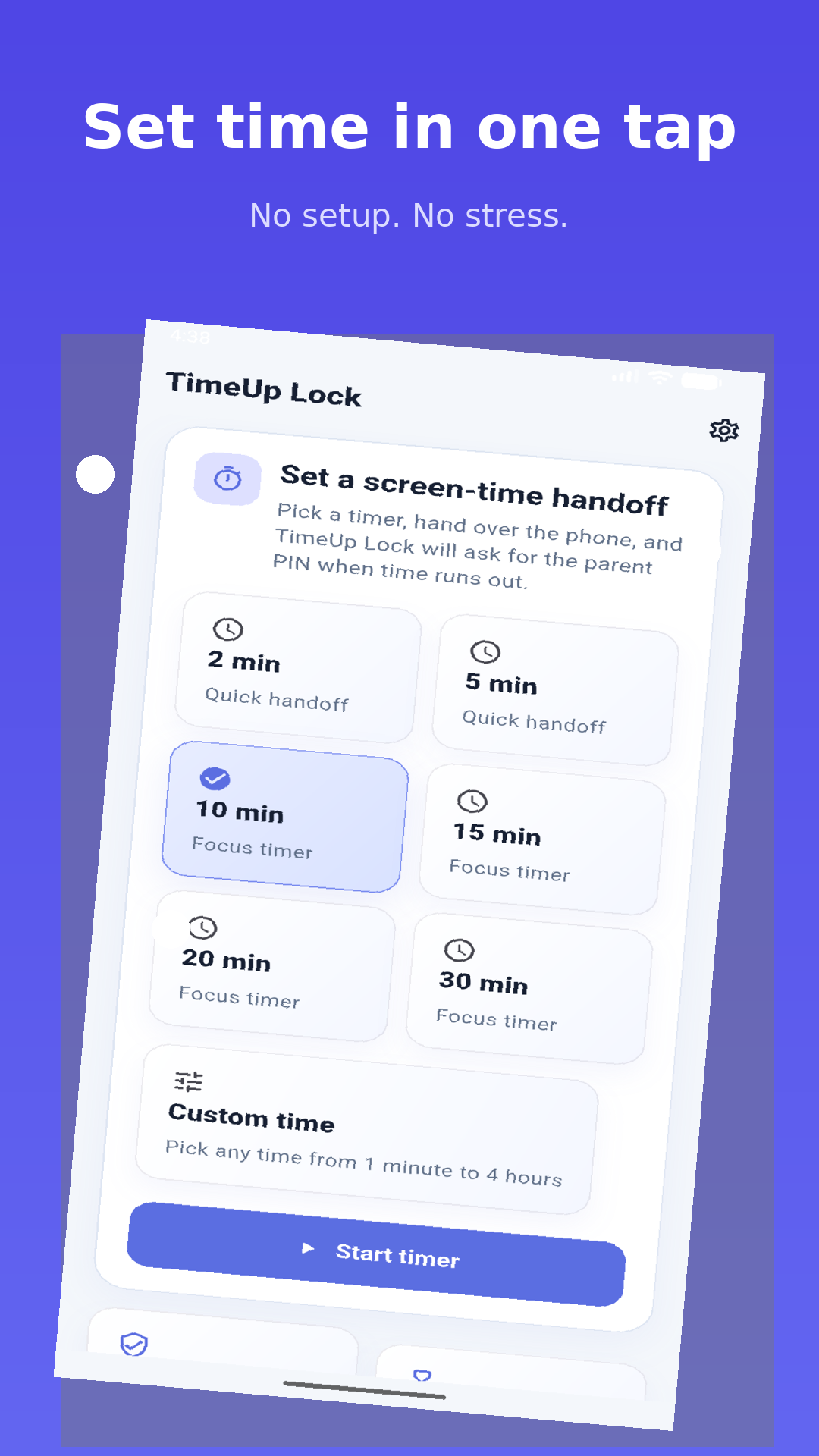 TimeUp Lock screenshot showing quick timer presets and one-tap timer setup.