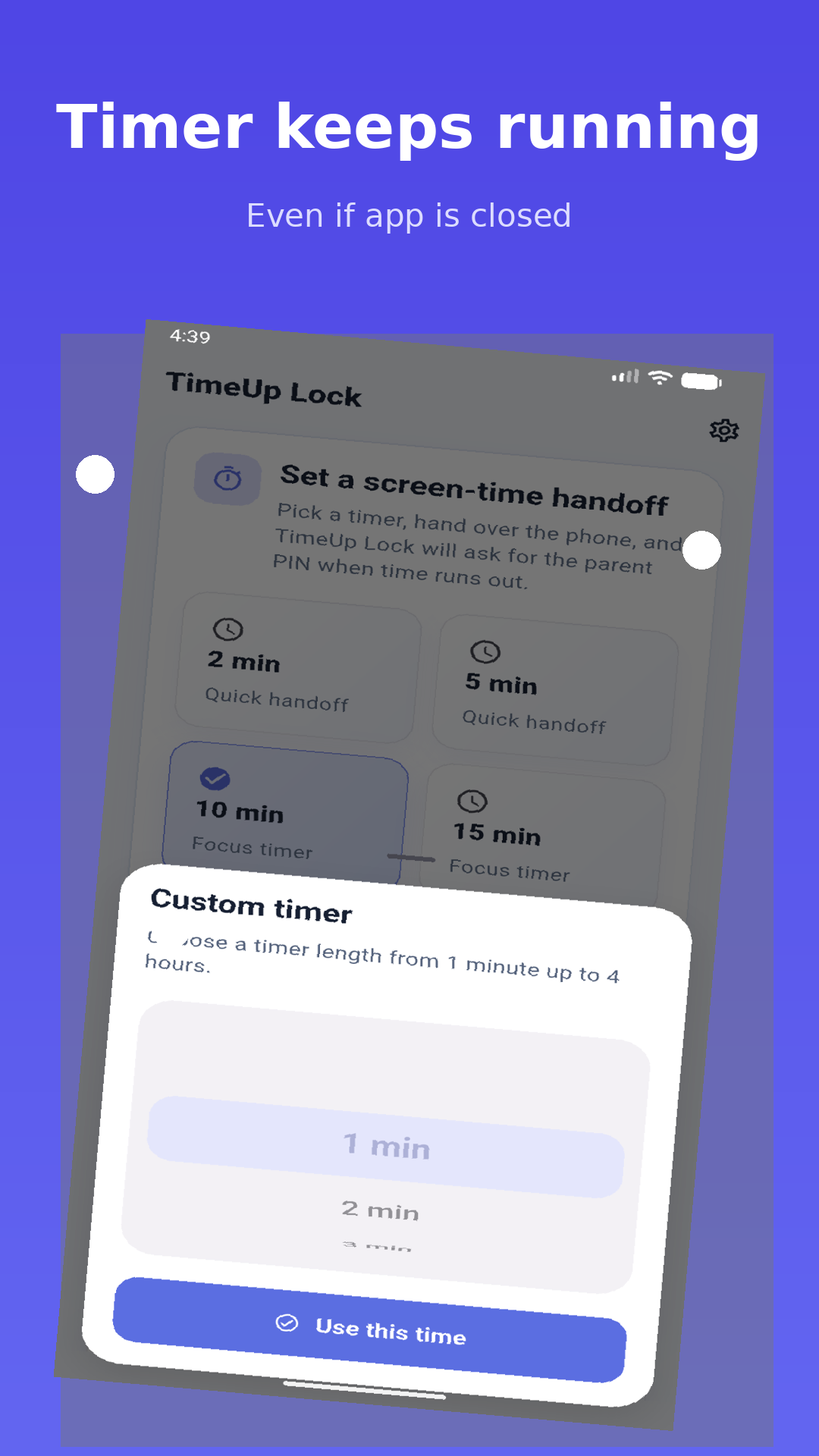TimeUp Lock screenshot showing the custom timer picker while the timer keeps running.