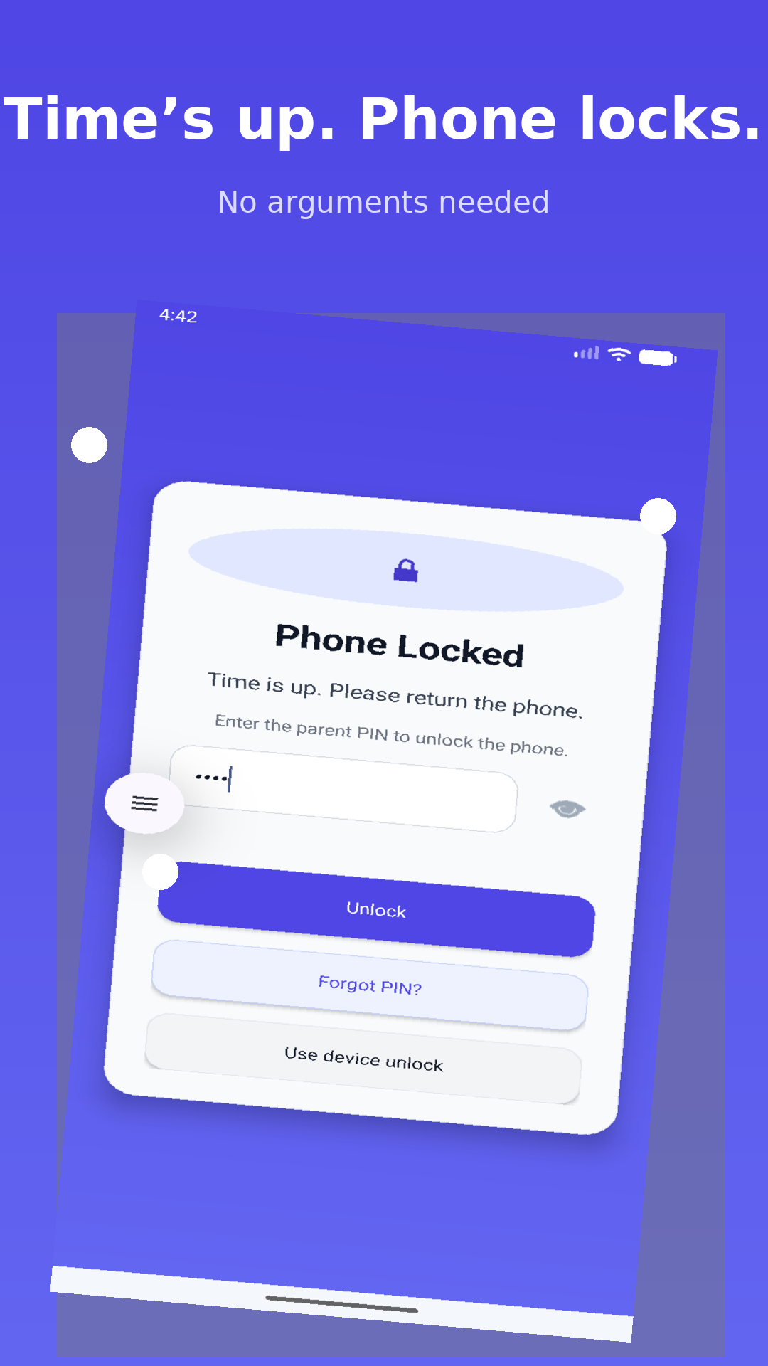 TimeUp Lock screenshot showing the phone locked screen after time is up.
