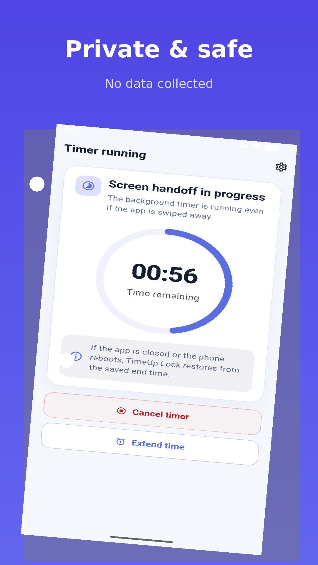 TimeUp Lock screenshot highlighting private and safe screen-time handoff with no data collected.